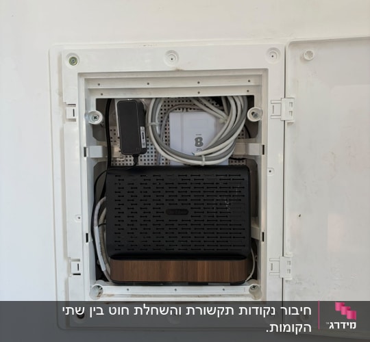 ארון תקשורת ביתי פתוח בקיר ובו נתב סיבים של בזק וכבלים מסודרים